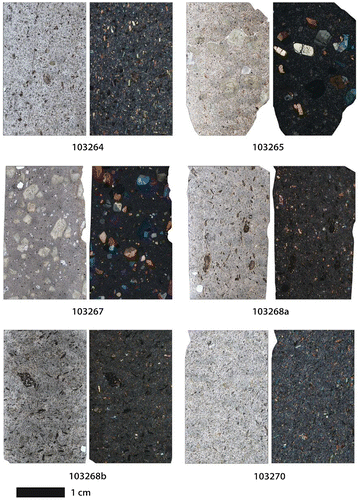 Figure 3. Petrographic mosaic photographs for selected samples used in this study (additional samples are included in the supplementary material). For each sample, the image on the left is observed under plane-polarized light, and the right under cross-polarized light. See Table 1 for sample descriptions.