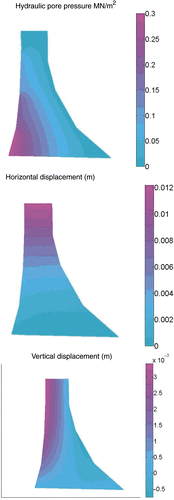 Figure 2. Solution of the forward problem: The first picture shows the distribution of the pore pressure for a fixed time t. The second and third pictures plot the mechanical displacement in the horizontal and vertical direction, respectively.