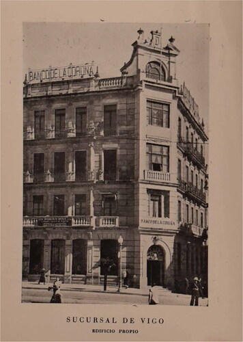 Figure 2. Women walking in the street in the northern city of vigo in front of Banco de La Coruña. Source: AHBE-BP. 182 Banco de La Coruña: application to the BE dated 29 April 1951 (Martínez-Rodríguez & Batiz-Lazo, Citation2023b).