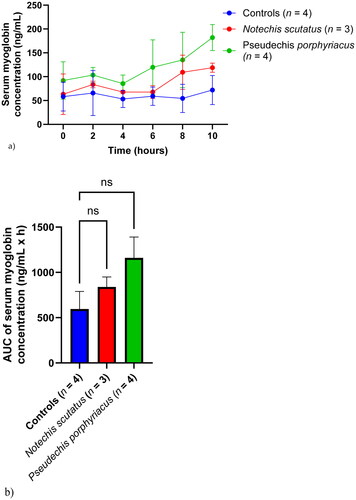 Figure 7. (a) Plot of serum myoglobin concentrations (mean ± SEM) over time (0–10 h) and (b) area under the concentration-time curve (AUC) of serum myoglobin in rats administered Notechis scutatus venom, Pseudechis porphyriacus venom or normal saline (controls). ns = not significant compared to controls (one-way ANOVA, followed by Bonferroni t-test).