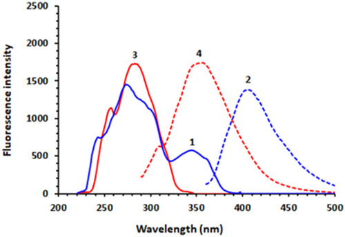 Figure 2 The excitation and emission spectra of DUV (1 and 2, respectively) and those of OLA (3 and 4, respectively). The concentrations of DUV and OLA were 100 and 50 ng mL−1, respectively; solutions were in methanol.