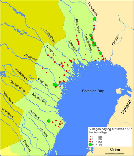 Figure 6. Map showing home villages of farmers paying fur tax in 1557 in the form of squirrel winter coats (Sw. gråskinn). The coastline is set to 10 m above the present sea level corresponding to c. AD 1000.