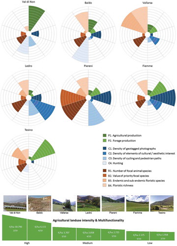 Figure 3. Flower diagrams representing the normalized value of the 10 selected ES and biodiversity indicator for the seven study areas. Individually, each flower diagram allows visualizing the tradeoffs and synergies among ES and biodiversity within a study area; overall, the diagrams allow comparison of the performance of the study areas. Note that the study sites are displayed based on the actual values in €/ha of the indicators of the provisioning services (P1 + P2), representing a good proxy of agricultural land-use intensity. Accordingly, the study areas are divided into three groups of agricultural land-use intensity while also specifying the degree of ‘multifunctionality’, i.e. number of ES and biodiversity indicators exceeding the threshold value of 0.5 (see bottom).