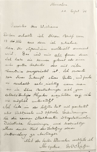 Figure 5. Röntgen letter, 1905 (Bangor University Archives and Special Collections).
