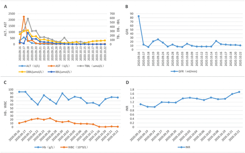Figure 7 Important clinical indicators in case 2. (A) Liver function indicators. (B) Renal function indicators. (C) Blood indicators. (D) Coagulation indicators.