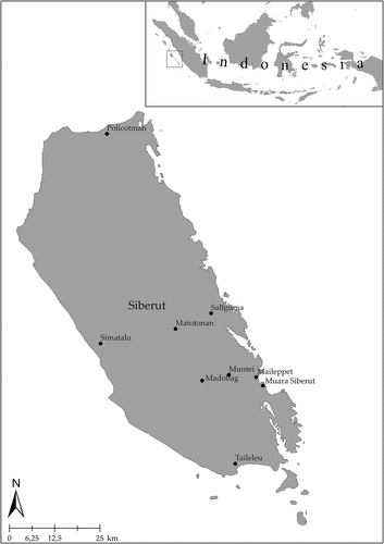 Figure 1. The map of Siberut Island and Names of settlements where the ethnographics materials are collected.