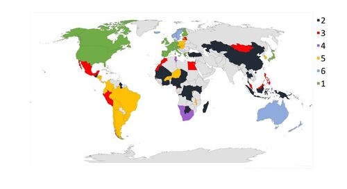 Figure 2 Countries’ distribution map in each region (terminal node) R1,…,R6, where R1 is the reference region in the BTRT model.