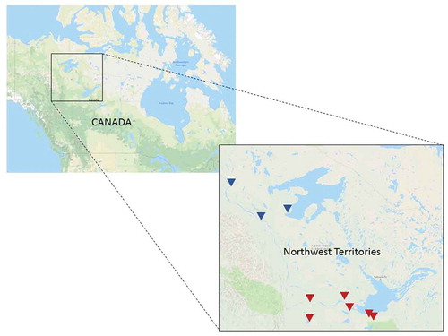 Figure 1. Northwest territories communities participating in the biomonitoring project in the Sahtú region (▼) and Dehcho region (▼).