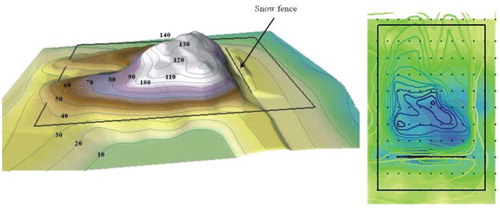 FIGURE 2. Snow depth pattern in relation to the snow fence, as recorded in May 1991 by Smith (Citation1991), shown for the smaller (30 × 20 m) study site, with 10 cm contour lines. The maximum depth is 140 cm; the minimum is <10 cm. The 3 × 2 m grid pattern, together with the contour lines, is shown on the flat image (right).