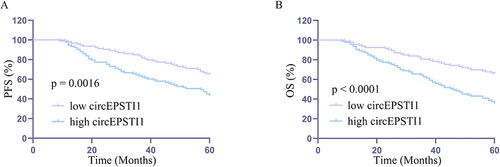 Figure 2 Serum levels of circEPSTI1 are related to the clinicopathological characteristics of patients with EC. Log rank tests were utilized to assess the PFS (A) and OS (B) of patients exhibiting low or high circEPSTI1 expression.