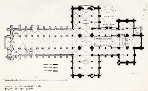 Fig. 2. Plan of Beverley Minster by J. Bilson in Architectural Review, 3 (1894–98), adapted with revised dating by the authors
