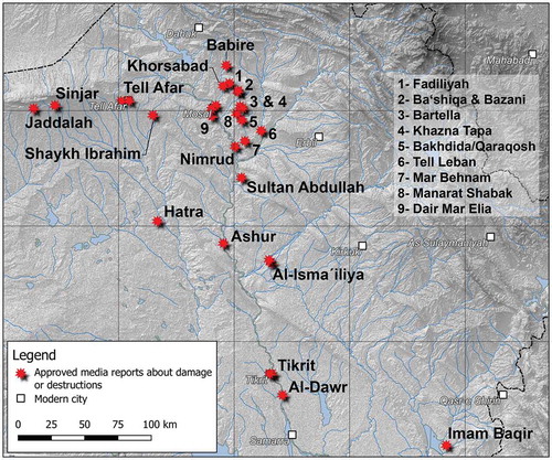 Figure 1. Map to show the location of archaeological and historical sites in Iraq reported to have been damaged by Daesh, 2014–2017.
