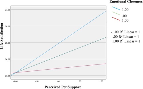 Figure 1. Simple slopes of moderation effects of pet–owner relationship on perceived pet support and emotional closeness.