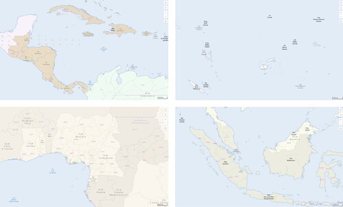 FIGURE 7. Medium scale graphic indexes displayed in the Bodleian-Parsons web map application, for Central America (top-left), the South Pacific (top-right), the Gulf of Guinea (bottom-left), and Northern Indonesia (bottom-right) (Images: Bodleian Libraries).
