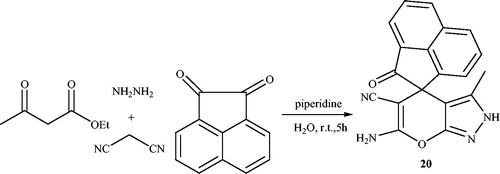Scheme 30. Piperidine catalyzed synthesis of spiro[acenaphthylene-1,4'-pyrano[2,3-c]pyrazole]-5'-carbonitrile.