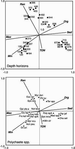 Figure 8. Canonical correspondence analysis of the AFEN polychaete data set (see text for details), reduced to the 20 most abundant species. Max, maximum temperature; Min, minimum temperature; Ran, temperature range; Sed, mean sediment grain size; Org, organic content; TOC, total organic carbon; Aon pau, Aonides paucibranchiata; Cha set, Chaetozone setosa; Dit ari, Ditrupa arietina; Exo heb, Exogene hebes; Exo ver, Exogone verugera; Gly lap, Glycera lapidum complex; Har spA, Harmothoe sp. A; Mad spp., Maldaninae spp.; Min cir, Minuspio cirrifera; Myr dan, Myriochele danielsseni; Myr ocu, Myriochele oculata; Not lat, Notomastus latericus; Opi pte: Opistodonta pterochaeta; Par jef, Paramphinome jeffreysii; Poly spA, Polycirrus sp. A; Pro kef, Protodorvillea kefersteini; Pit lor, Pista lornensis; Spo kro, Spiophanes kroyeri; Spo wig, Spiophanes cf. wigleyi; Ter spp, Terebellidae spp.