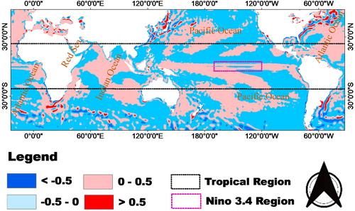 Fig. 4. Map of sampled tropical Indian Ocean, tropical Atlantic Ocean, tropical Pacific Ocean, the Red Sea and Nino 3.4 regions (12-month average global SSTAs for the period 1982 to 2016).