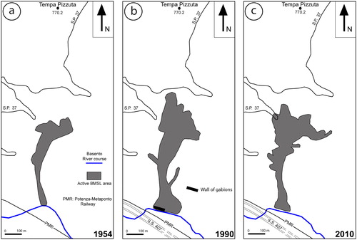 Figure 6. Long-term multi-temporal landslide maps for the BMSL. Note the progressive increase of the area involved in the landslide movement through the years a) 1954, b) 1990 and c) 2010. Note also the change in Basento River course due to growing of the BMSL toe. Source: Author