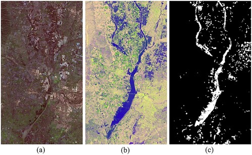 Figure 7. California dataset. (a) Landsat 8 image at time T1, (b) Sentinel-1A image at time T2, (c) Ground truth map.