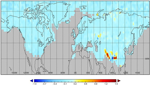 Fig. 12 BC in snow and ice forcing (W/m2) averaged over 12 yr (2000–2011) from the ΔALB experiment.