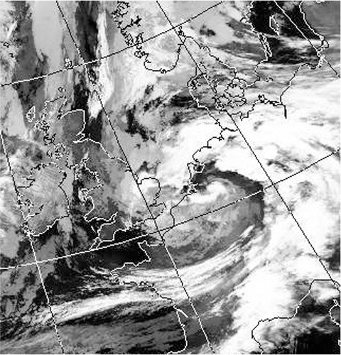 Fig. 6 AVHRR image (channel 5: λ=11.5–12.5µ m) at 05:31 UTC, September 16, 2000, showing thick cirrus clouds over Germany. This satellite image was kindly provided by NERC Satellite Receiving Station, Dundee University, Scotland (http://www.sat.dundee.ac.uk/).