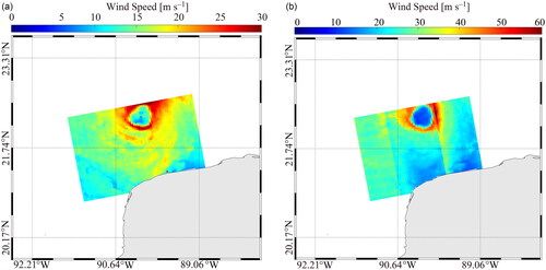 Figure 3. The inverted wind maps from the dual-polarized S-1 images during tropical TC Delta: (a) VV-polarized retrieval result obtained using the geophysical model function (GMF) CMOD5N and (b) VH-polarized retrieval obtained using GMF S1IW.NR.