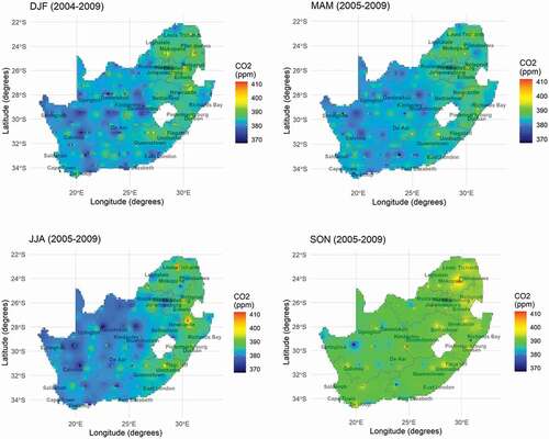 Figure 4. Seasonal CO2 surface spatial distribution in South Africa.