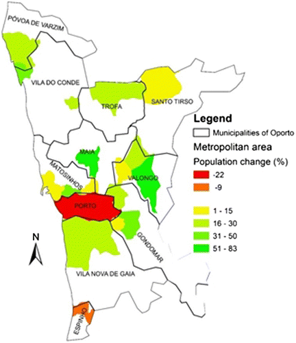 Figure 2. Rates of population growth and decline of the cities of the Metropolitan Area of Oporto between 1991 and 2011, as calculated based on census data.