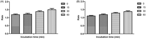 Figure 4. Time-dependant inhibition of (A) MAO-A catalysed oxidation of serotonin by compound 21 (B) MAO-B catalysed oxidation of benzylamine by compound 4. Rate data are expressed as nmol product formed/min/mg protein.