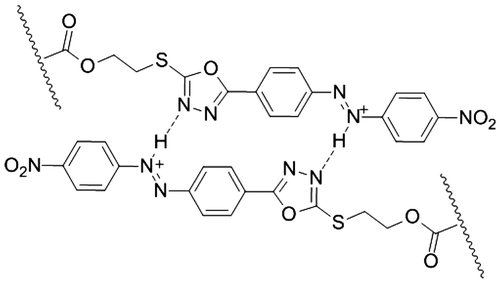 Figure 8. Hydrogen bond between nitrogen atoms of oxadiazole and protonated diazenyl moiety in acidic media.