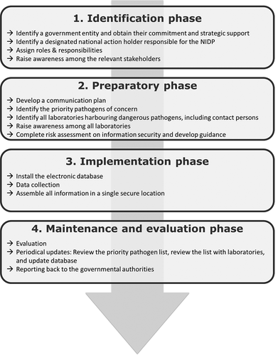 Figure 1. Schematic overview of the different phases and related actions that are required to establish a National Inventory of Dangerous Pathogens