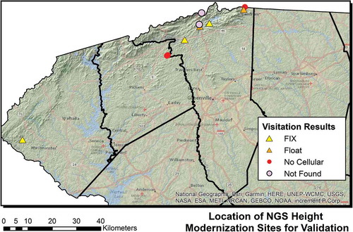 Figure 8. Locations of 10 NGS height modernization sites in South Carolina mountains for validation. Thick black lines are county boundaries