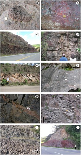 Figure 3. (a) Vesiculated basalt from Vale do Sol Fm., town of Herveiras; (b) Brecciated upper part of basalt from Vale do Sol Fm., town of Herveiras; (c) Pre-dacite basalt, Torres/Vale do Sol fms., West of Guaporé town; (d) Pahoehoe basalt of Torres Fm. with pipe vesicles; (e) Caxias dacite; (f) Vesiculated/amygdaloidal Caxias dacite; (g) Sandstone clastic dike within Barros Cassal dacite; (h) Santa Maria rhyolite; (i) Santa Maria rhyolite, town of Gramado Xavier; (j) Santa Maria rhyolite overlying directly pre-Caxias basalts, town of Herveiras.