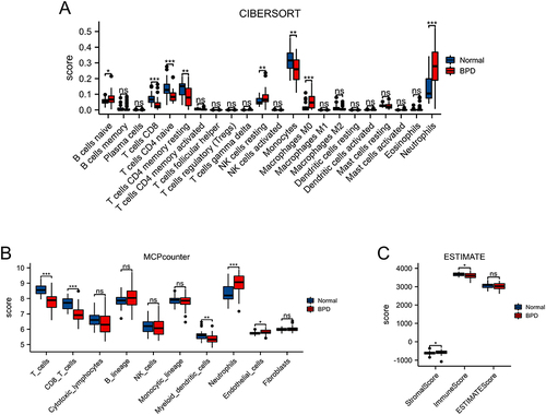 Figure 3 Landscape of immunocytes infiltrates in BPD. (A) CIBERSORT scores of 22 immune cell types between BPD and normal groups. (B) MCPCounter scores of stromal cells or immune cells between BPD and normal groups. (C) Stromalscore, Immunescore, and ESTIMATEScore between BPD and normal groups. *p < 0.05, **p < 0.01, ***p < 0.001.