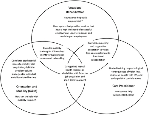 Figure 2 This figure illustrates the interdependent nature of VR, O&M, and care practitioners when considering mental health symptoms and subsequent provision of services for people with BVI.