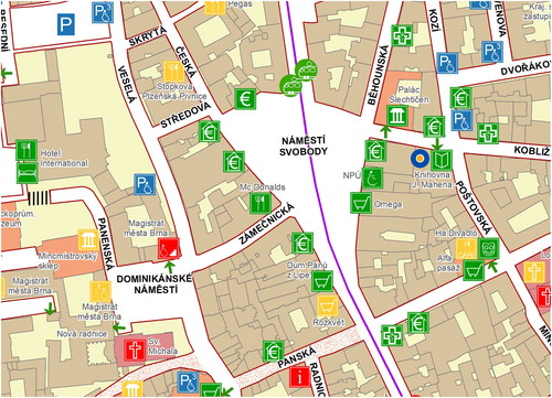 Figure 2. A part of the map ‘An Accessible Brno City Centre for People with Limited Mobility’ showing map visualisation with respect to map symbols and labelling.