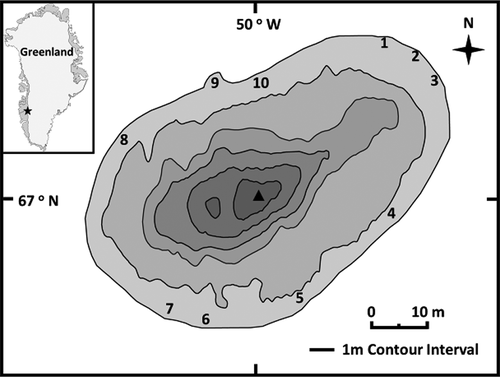 Figure 1. Bathymetric map of EVV Upper lake (modified from Cadieux et al. Citation2016) indicating sampling sites for macrophytes and littoral sediments and profundal sediment core (triangle). Inset of Greenland marking Kangerlussuaq