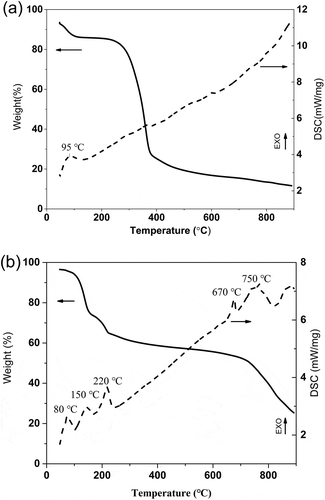 Figure 1. TG-DSC curves of the fir sawdust (a) and the fir sawdust mixed with FeCl3∙6H2O powder (b).