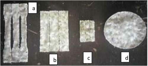 Figure 5. Developed rHDPE composites samples before test {(a) tensile (b) flexural (c) impact (d) wear}
