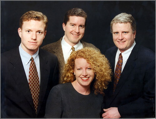 Figure 7. His children about year 2000. Daughter, Frances Carey, with John, Charles, and Cliff. Frances received an engineering degree from SMU, worked for Oracle for several years, married, and now is a homemaker with three young children. John (left) is the chief executive officer of SugarCMR, a software company in San Jose, California. Charles (middle) is chief of the Department of Cardiovascular and Thoracic Surgery at Winchester Medical Center in Winchester, Virginia. Cliff (WCR Jr.) (right) obtained an MBA, worked for two different transportation companies, and eventually developed his own company, which he later sold. He now teaches in the public school system in Atlanta, Georgia.