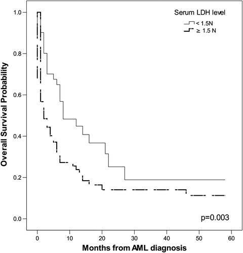 Figure 3. Serum LDH level had significant impact on OS (P = 0.003 by Kaplan–Meier method).