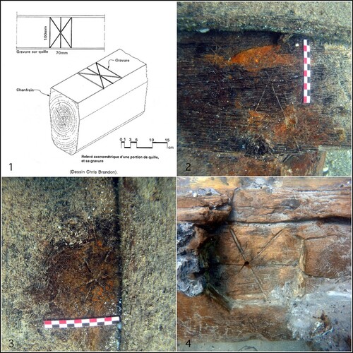 Figure 5. Representative examples of timber marks on other shipwrecks: 1. Bataiguier shipwreck; 2, 3 Listel 1 shipwreck; 4. Agde J shipwreck (Authors, after images from Chris Brandon (1), C. Chary (2, 3) and H. Chaussade (4)).