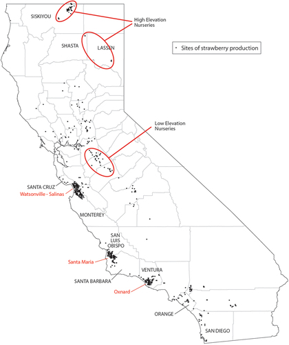 Figure 1. Map of strawberry fruit production districts and plant production areas (nurseries). Cartography by Bill Nelson.