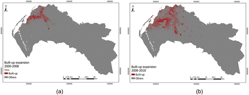 Figure 4. (a) Binary map representing expansion from 2000 to 2008. (b) Binary map representing expansion from 2008 to 2018.