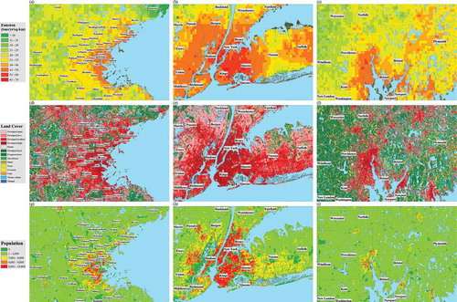 Figure 5. Estimated emission in (a) Greater Boston, MA, (b) New York, NY, and (c) Providence, RI. Land cover type from NLCD 2011 database in (d) Greater Boston, (e) New York, and (f) Providence. Population of year 2000 in (g) Greater Boston, (h) New York, and (i) Providence.