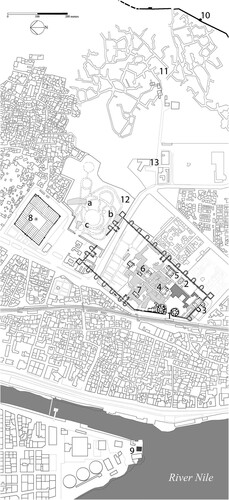 Figure 4. Area around the Roman fort of Babylon, with locations of features discussed in the text: 1) Roman riverside towers; 2) Ben Ezra Synagogue; 3) Hanging Church; 4) Abu Serga Church; 5) Church of St. Barbara; 6) Wedding Hall; 7) Convent of St. George; 8) Mosque of ‘Amr; 9) Nilometer; 10) Ayyubid wall; 11) Bahgat’s excavations; 12) fawakhir gardens: a) Waseda University excavations lead by Sakurai and Kawatoko, b) Old Cairo Archaeology excavations lead by Sheehan, c) Supreme Council of Antiquities excavations lead by Muawad Hassan Hussein; and, 13) Fustat National Ceramics Centre (N. J. Warner/P. Sheehan).