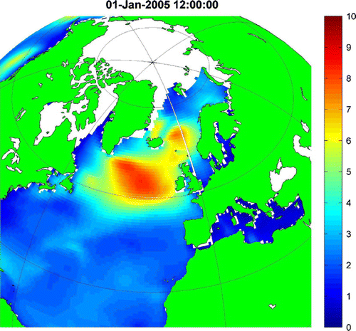 Figure 2. An example of a wave field generated in the North Atlantic Ocean and approaching the UK shelf seas. The colour scale (refer to the web version) represents the significant wave height in metres. The global wave data is extracted from the ECMWF ERA-Interim dataset.