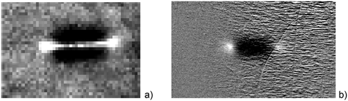 Figure 19. a: Phase image of a 12 mm long crack in ferro-magnetic steel sample after 0.1 s heating pulse duration; b: phase image of a 6 mm long fatigue crack in austenitic steel after 0.5 s heating pulse duration [Citation19,Citation20]