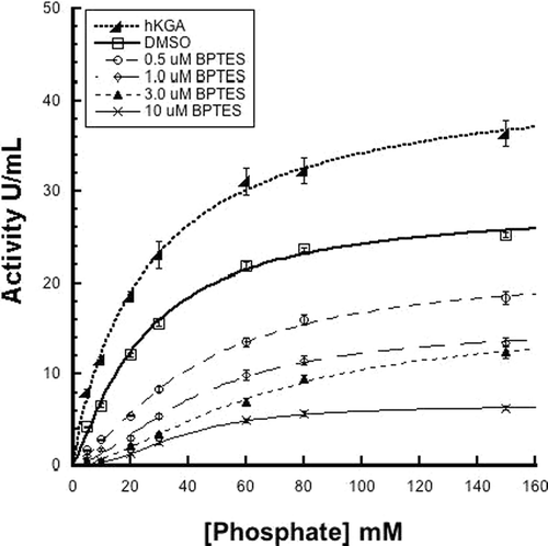 Figure 4.  BPTES inhibition of hGA124–551 with respect to phosphate. Phosphate activation profiles where produced using 20 mM glutamine in the absence and presence of 0.5 to 10 µM BPTES. The control profile contained an equivalent amount of DMSO. The data are the mean ± standard error of five measurements. The lines are a non-linear least squares fit to the Hill equation that was performed using KaleidaGraph software.