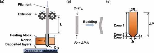 Figure 4. The typical configuration of an FDM 3D printer. (a) The overall configuration and process of FDM 3D printing. (b) The unsupported section of filament between the BMG extruder and liquefier subjects to an axial load and can be considered as a pin-ended axially loaded column. (c) The flow of materials through the die. Zone 1: a cylindrical zone with an interior diameter of the liquefier around the filament diameter. Zone 2: a convergent part of the nozzle. Zone 3: the die of the nozzle with a small diameter.